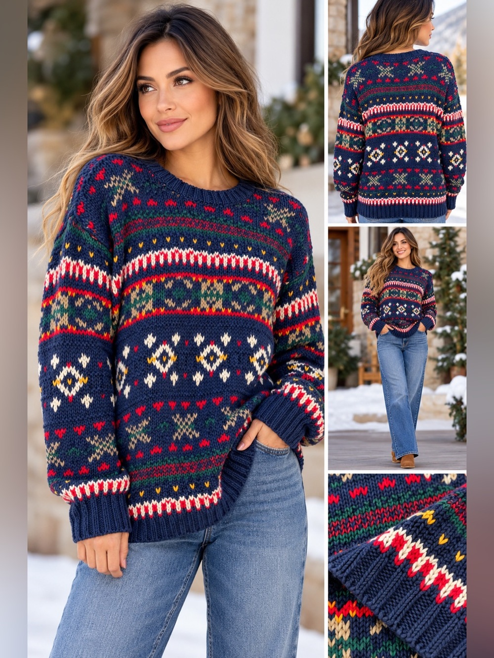 Woolrich Fair Isle Nordic Chunky Knit Sweater Navy Multicolor Cottagecore M